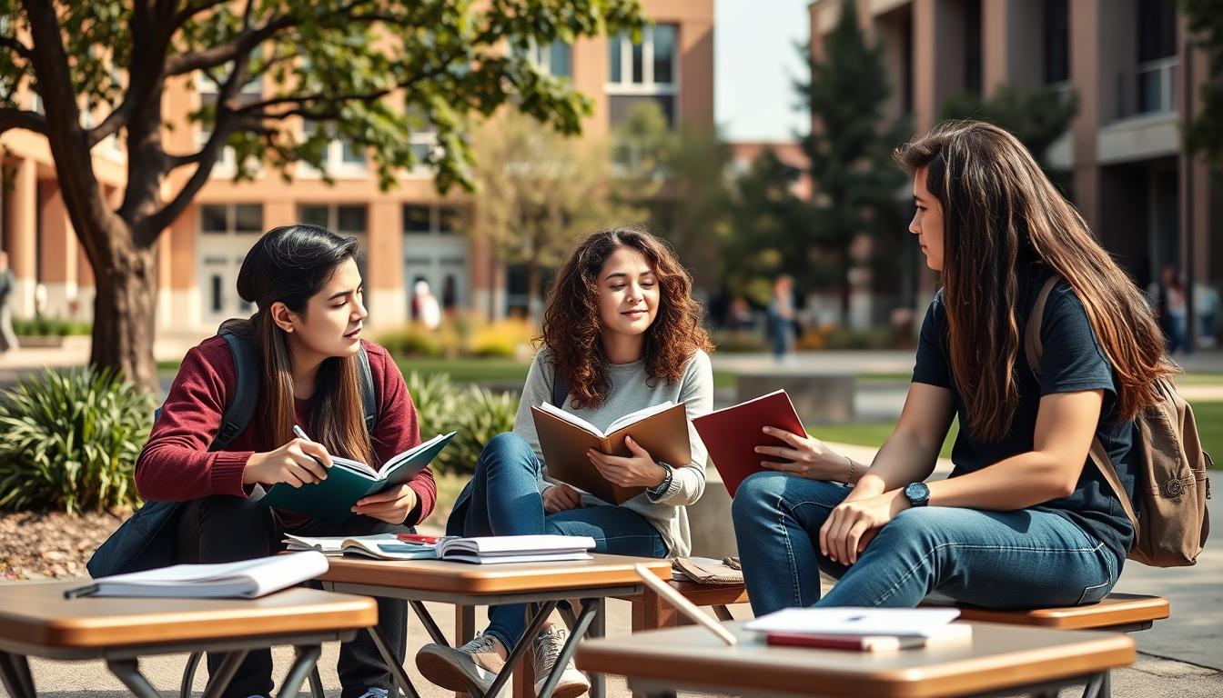 Students studying together in modern classroom